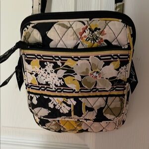 Vera Bradley Quilted Crossbody Bag Black and Yellow Floral dogwood design